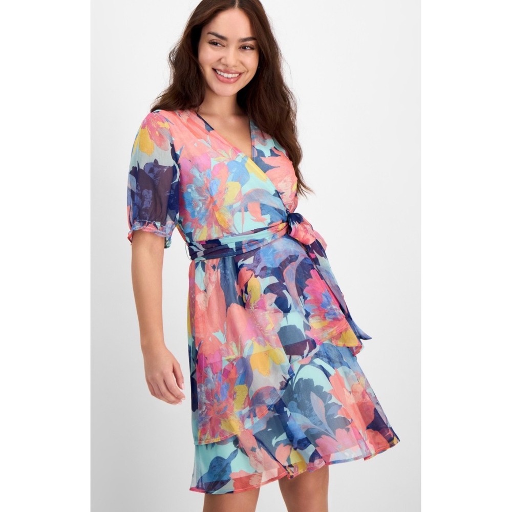 Tahari ASL Petite Floral Satin Shadow Stripe Ruffle Hem Dress 10P DHP042